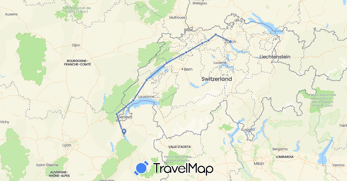 TravelMap itinerary: cycling in Switzerland, France (Europe)